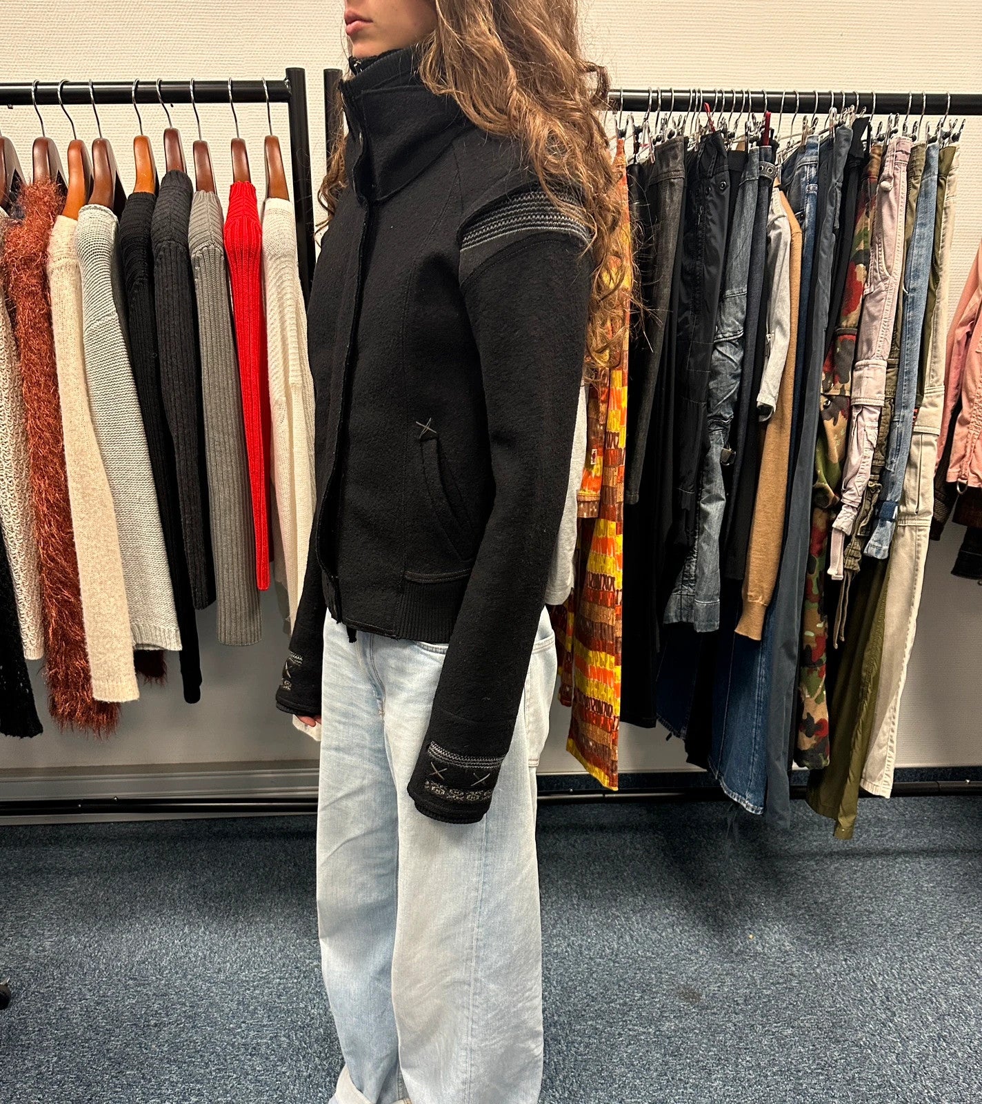 Marithé + François Girbaud 00s Black Wool Double High Neck Contrast Embroidery Jacket