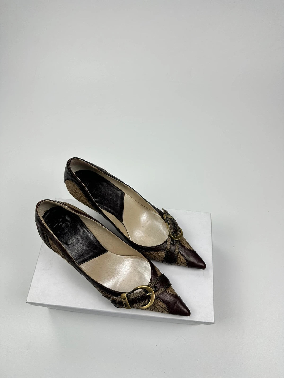 Vintage Dior Monogram Heels – Brown Leather with Gold Buckle