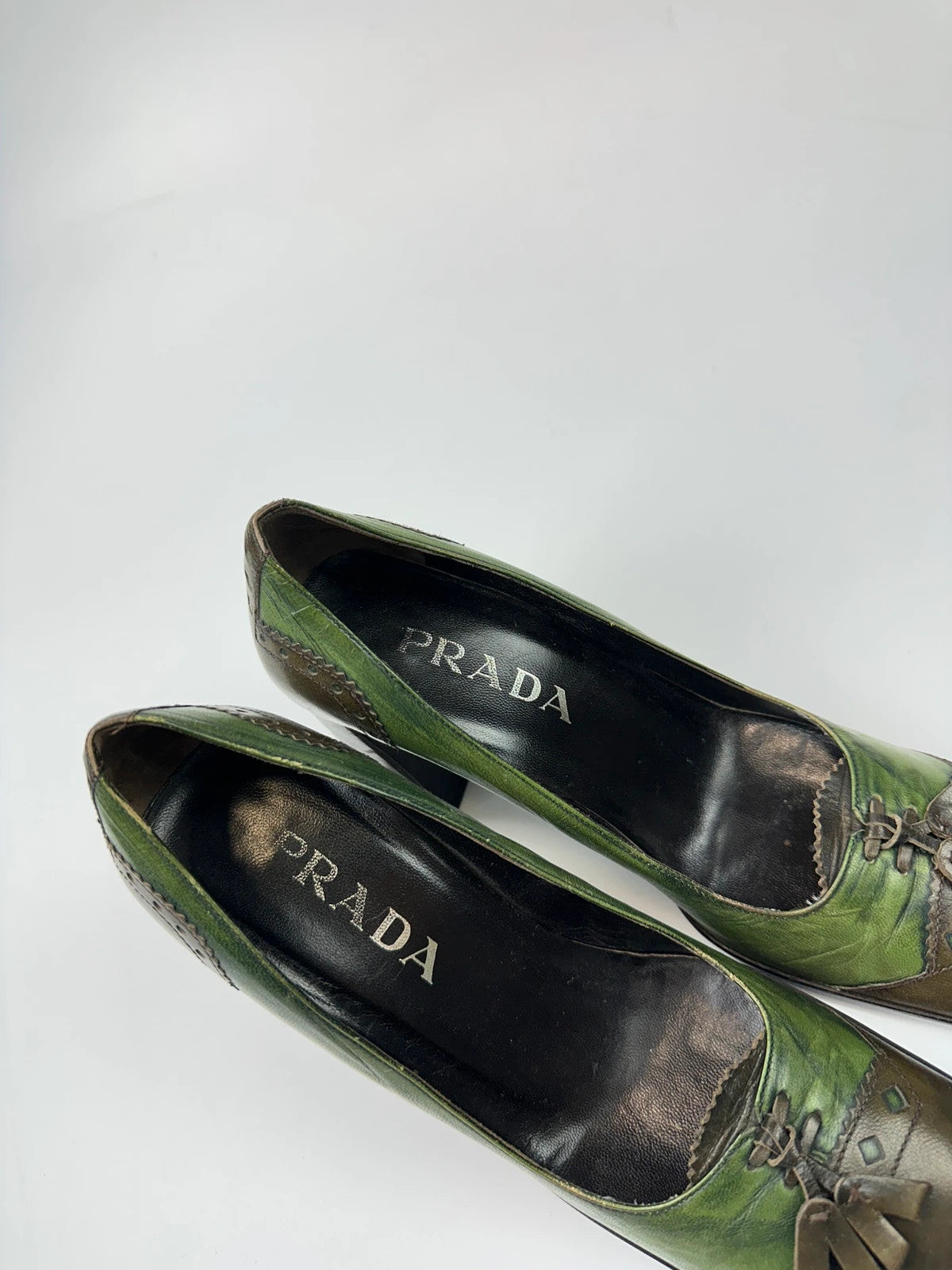 Prada Milano FW1999 Flower Two Tone Green & Brown High Block Heel Pumps