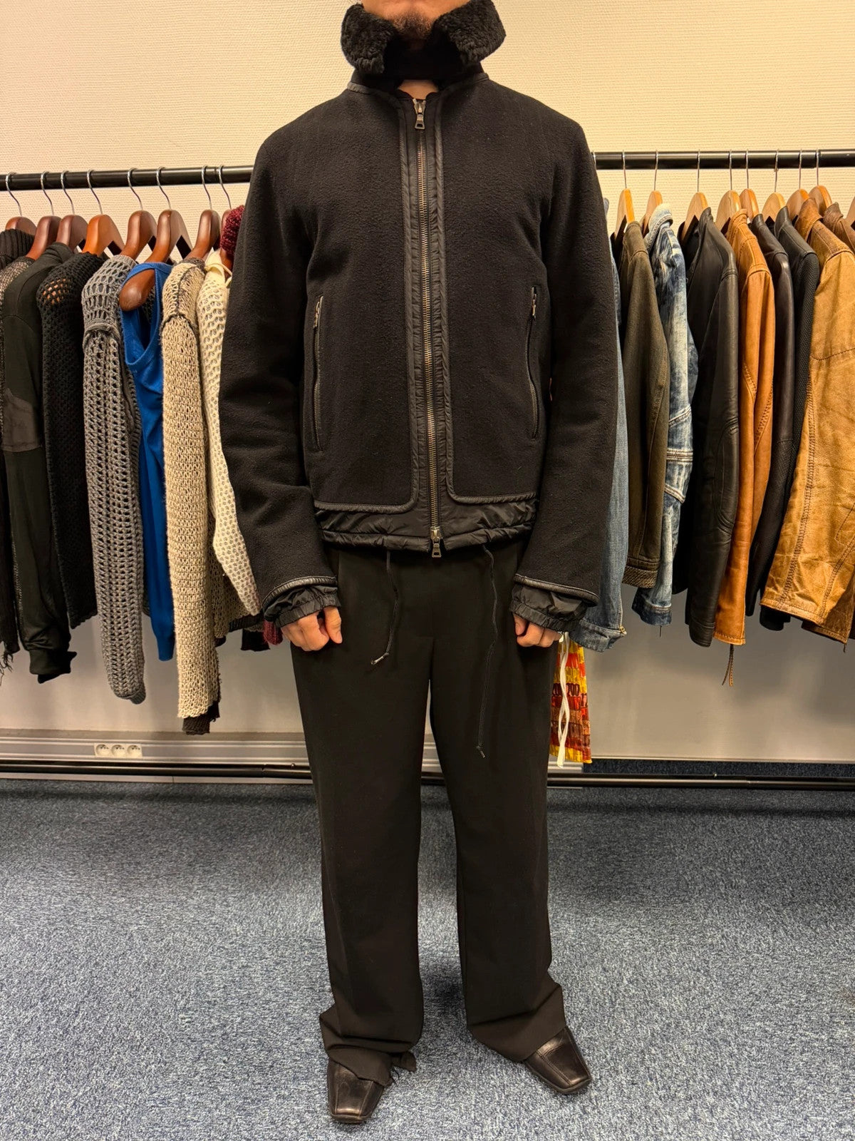 Prada Sport FW2003 Black Wool Aviator Bomber Jacket High Collar