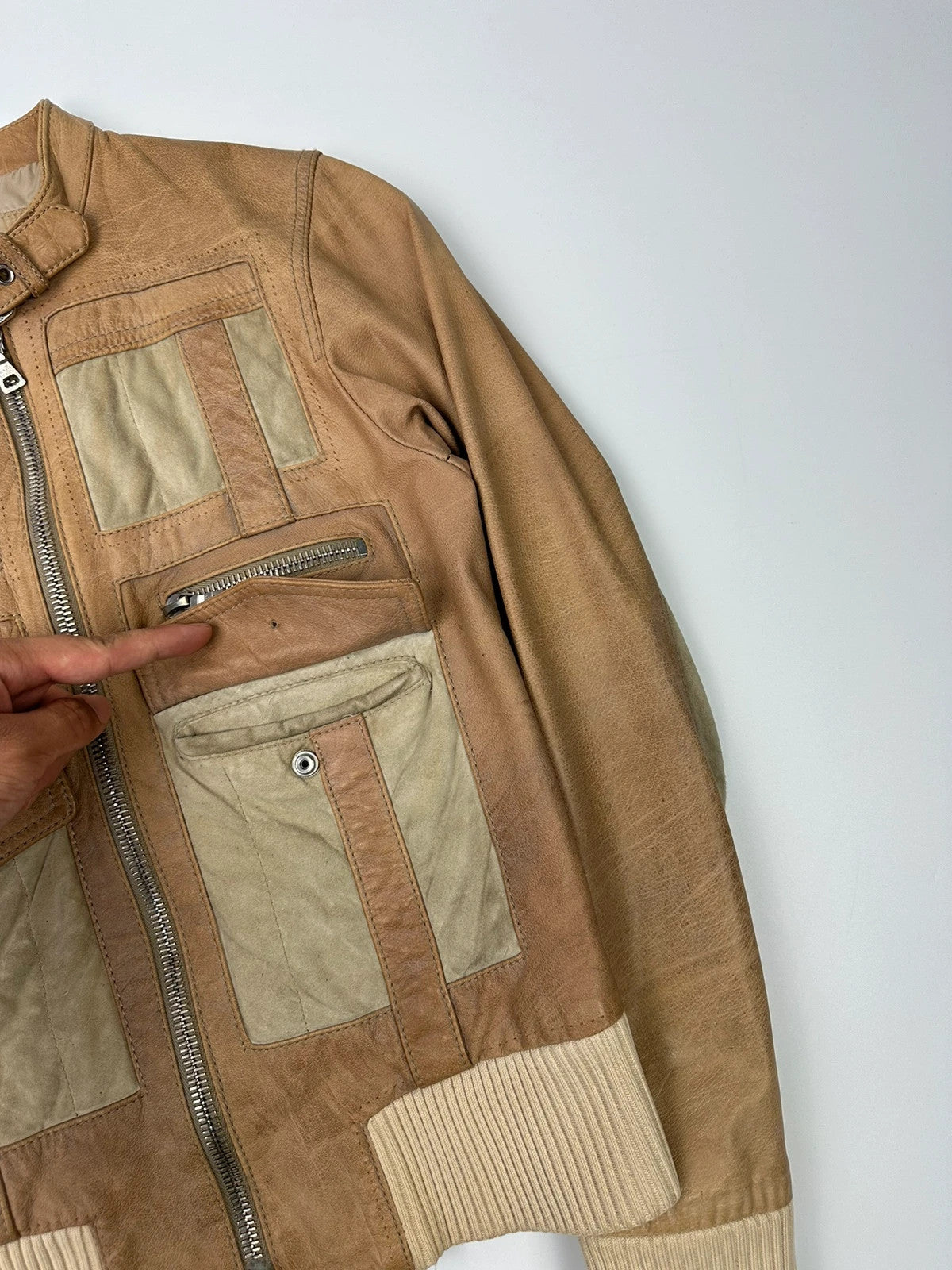 Prada Sport SS2002 Beige Brown Cargo Multi Pockets Leather Bomber Jacket