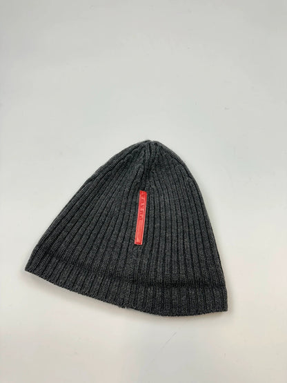 Prada Sport 00’s Grey Ribbed Wool Beanie RedTab