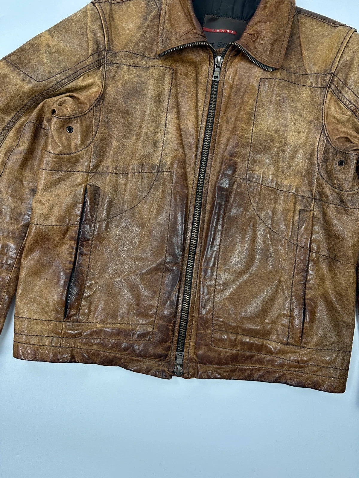 Prada Sport FW2002 Faded Eroded Brown Biker Leather Jacket