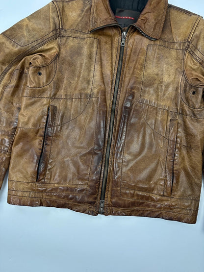Prada Sport FW2002 Faded Eroded Brown Biker Leather Jacket