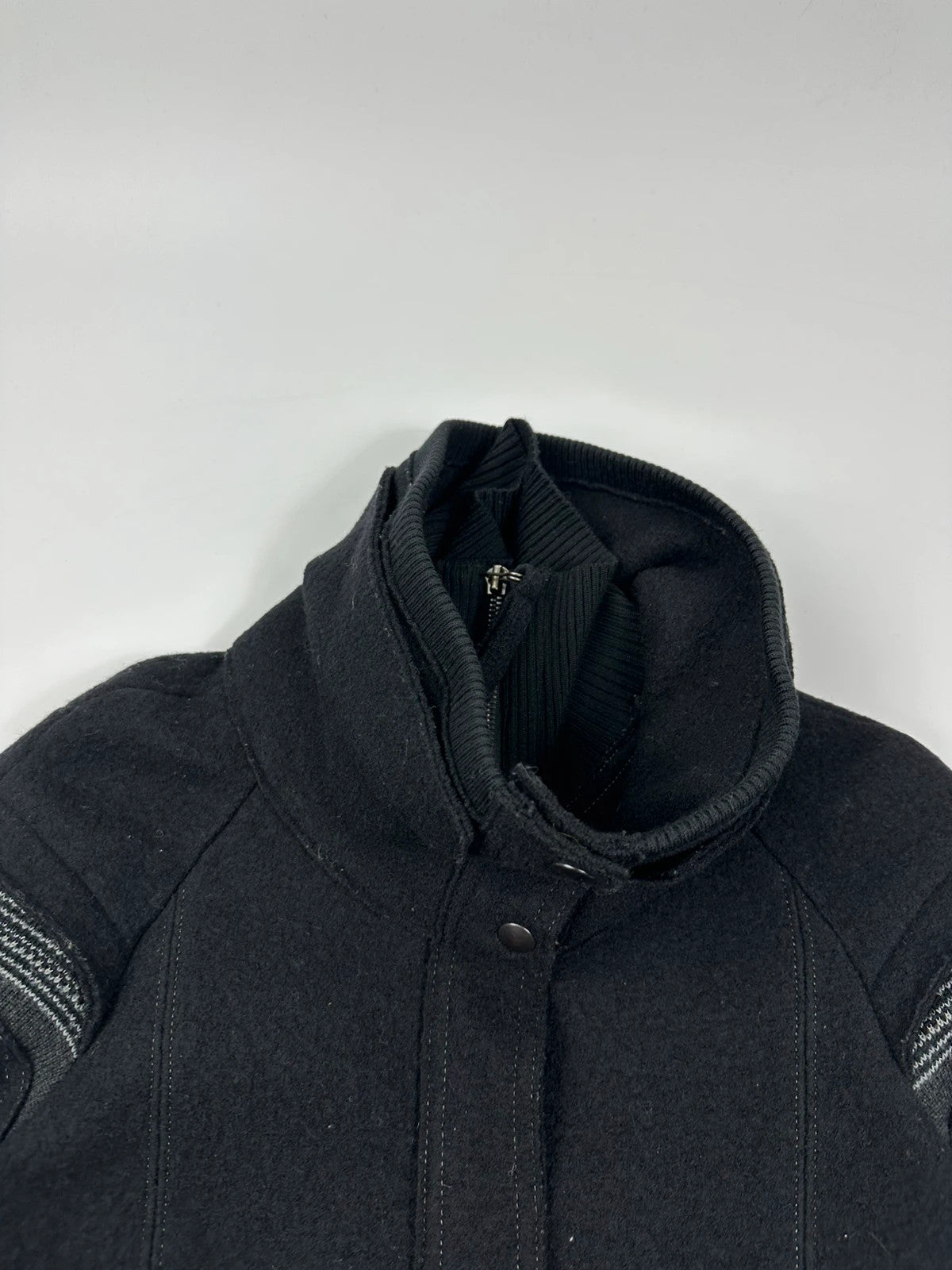 Marithé + François Girbaud 00s Black Wool Double High Neck Contrast Embroidery Jacket