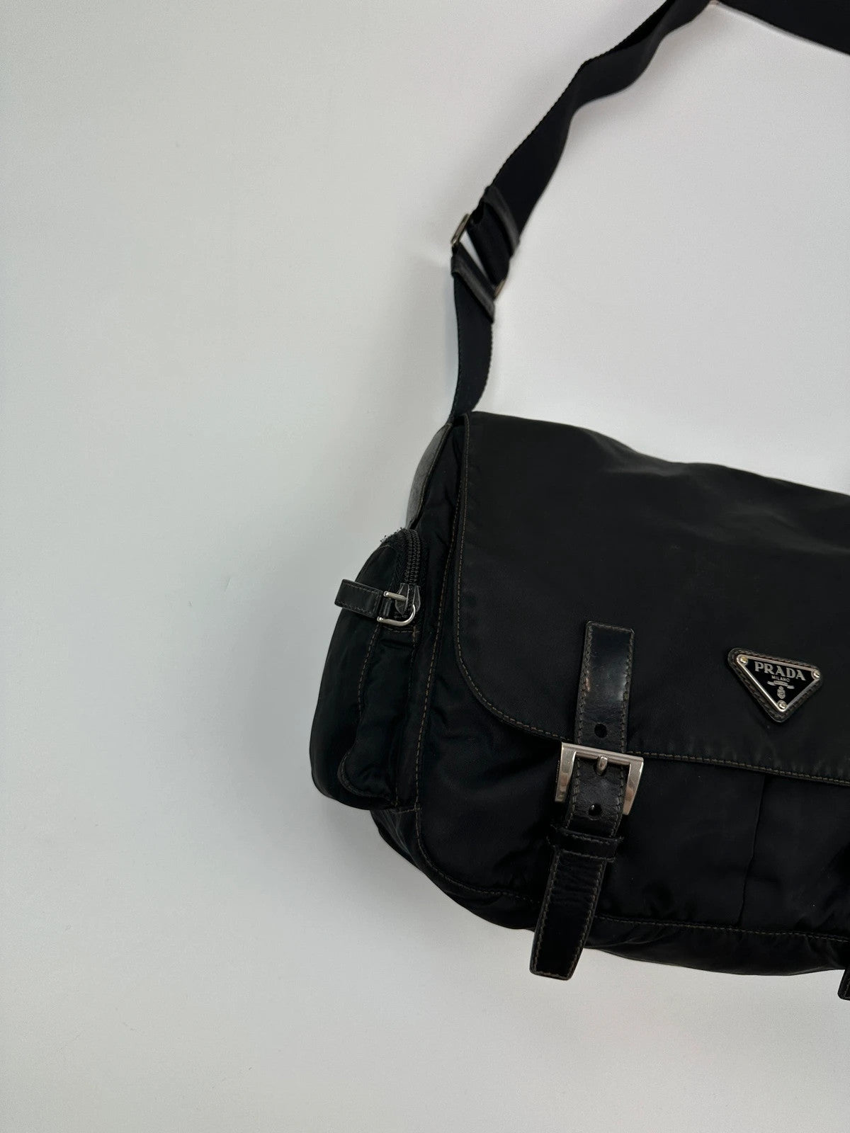 Prada Milano Black Nylon Messenger Cross Body Bag Side Zip Pockets