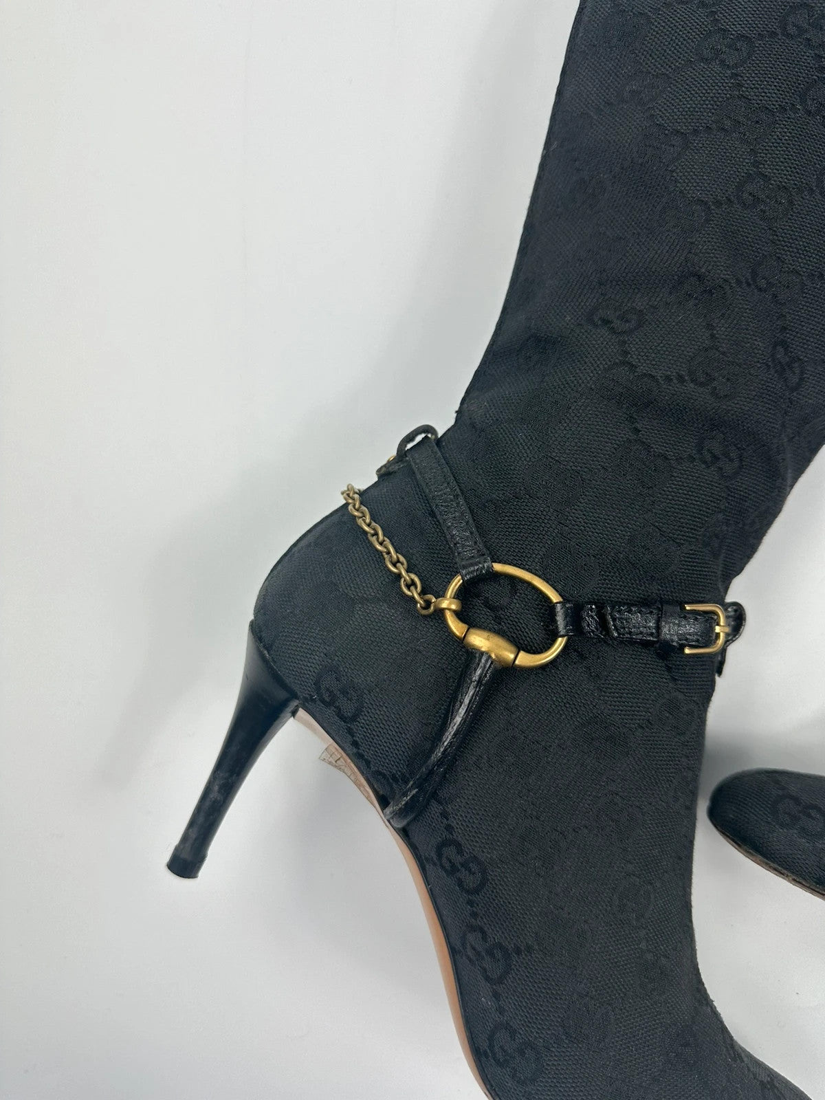 Gucci Black Monogramme High Boots Chains Gold