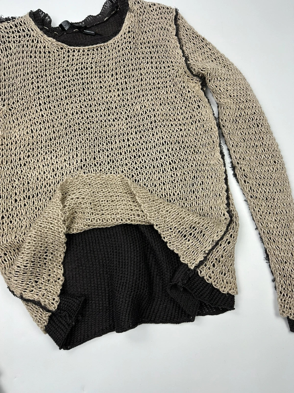 Dolce & Gabbana 00’s Net Knit Double Layer Destroy Sweater Beige & Brown Linen