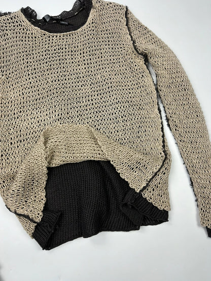 Dolce & Gabbana 00’s Net Knit Double Layer Destroy Sweater Beige & Brown Linen