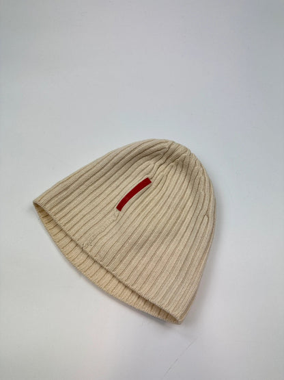 Prada Sport FW2006 Cream White Ribbed Wool Beanie RedTab