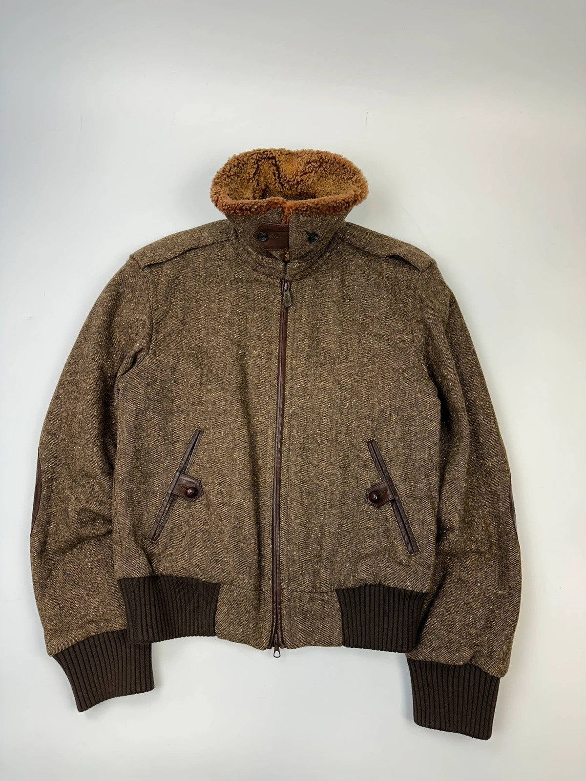 R.E.D Valentino Brown Wool Tweed Sheep Collar Bomber Jacket