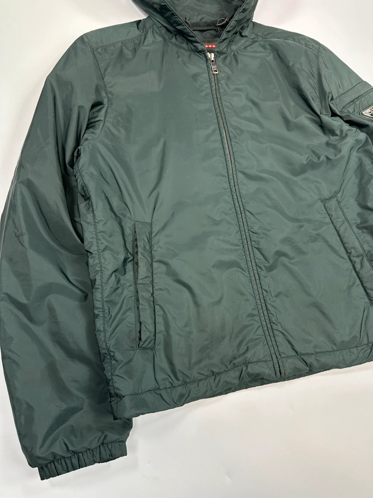 Prada Sport SS2016 Forest Green Triangle Nylon Padded Hooded Windbreaker Jacket