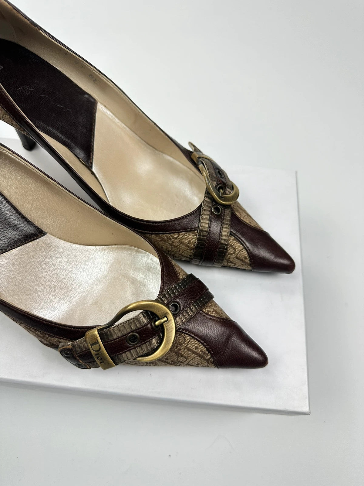 Vintage Dior Monogram Heels – Brown Leather with Gold Buckle