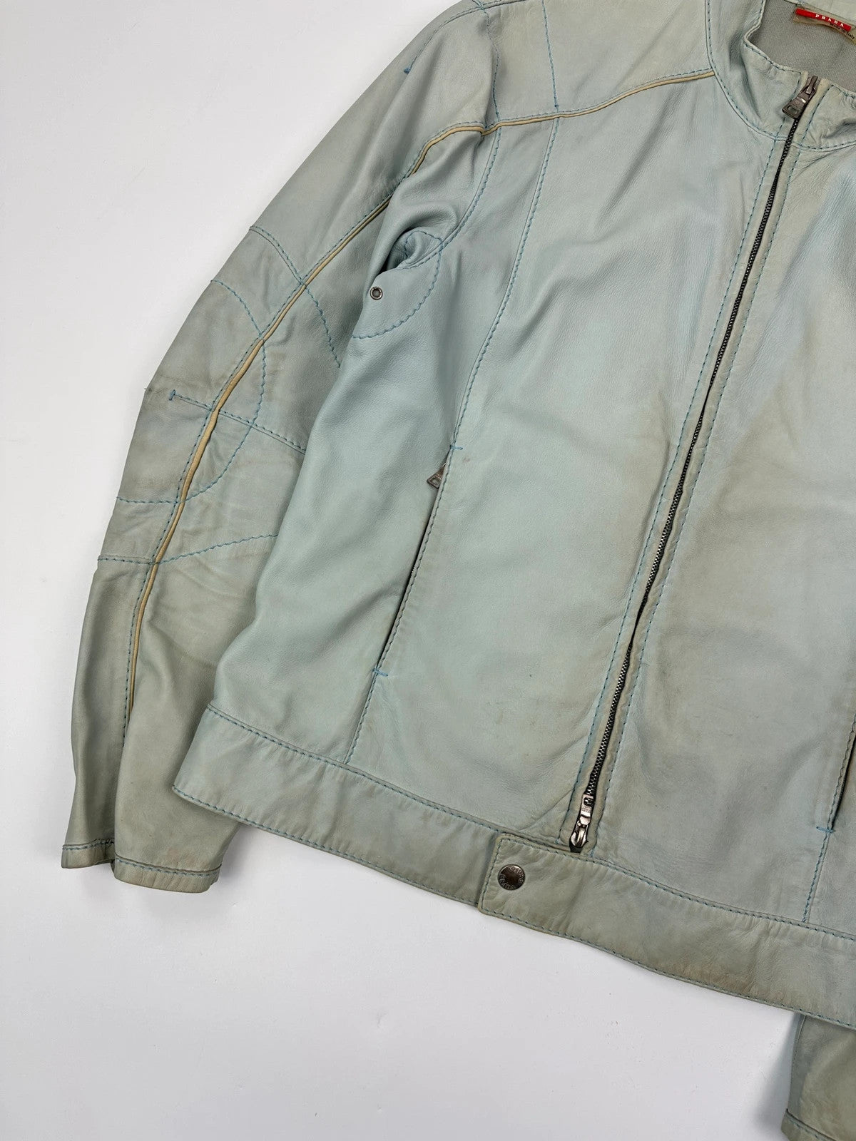 Prada Sport FW2000 Baby Blue Faded Biker Leather Jacket