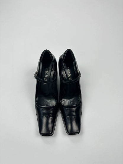 Prada Milano SS1998 Black Leather Mirror Heels Pumps Mary Jane