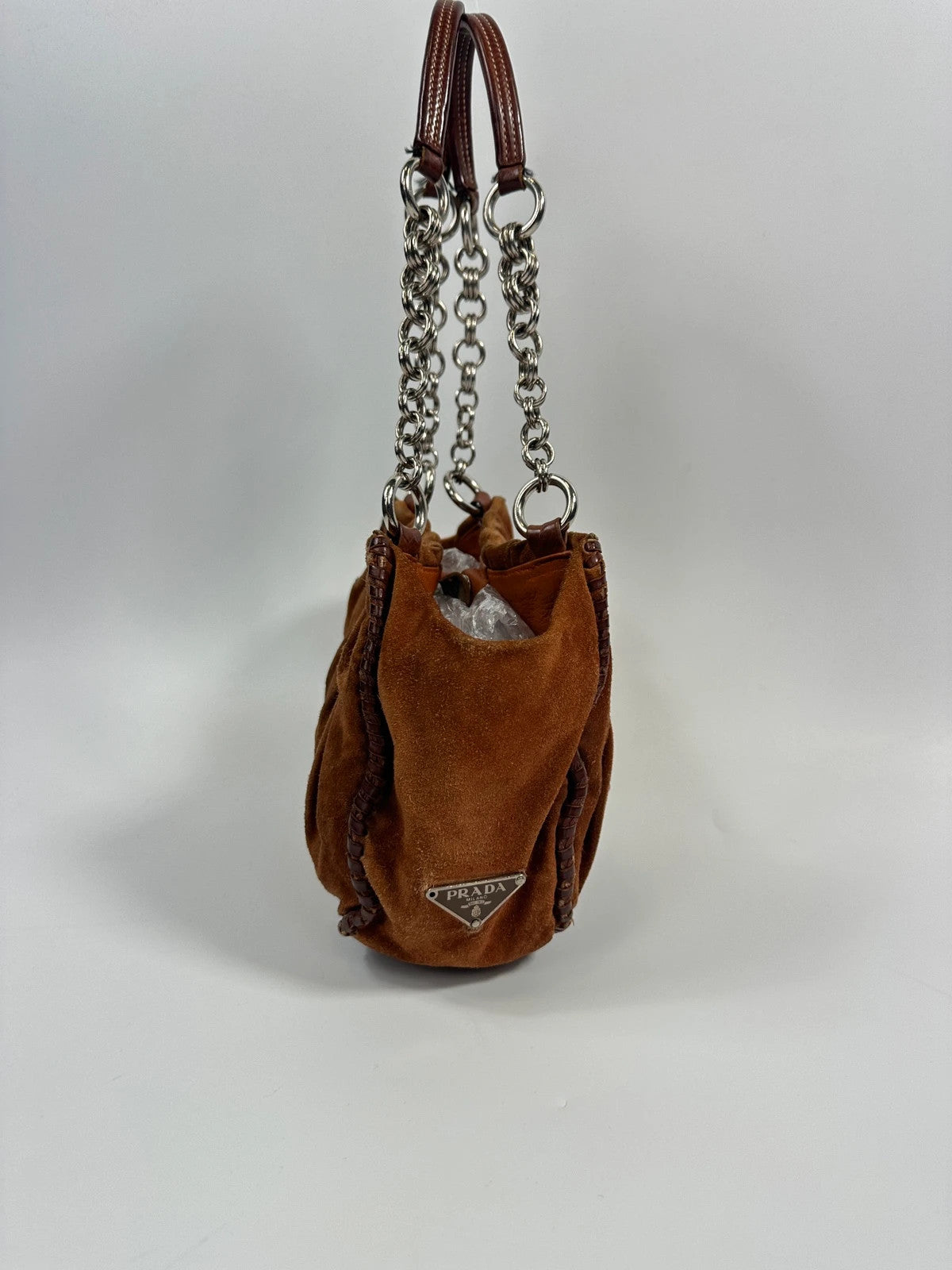 Prada Milano Brown Orange Metal Chains Straps Handbag