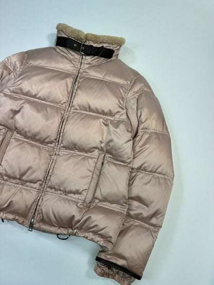 Prada Sport FW2003 Light Pink Shiny Patent Nylon Down Puffer Shearling Collar Jacket