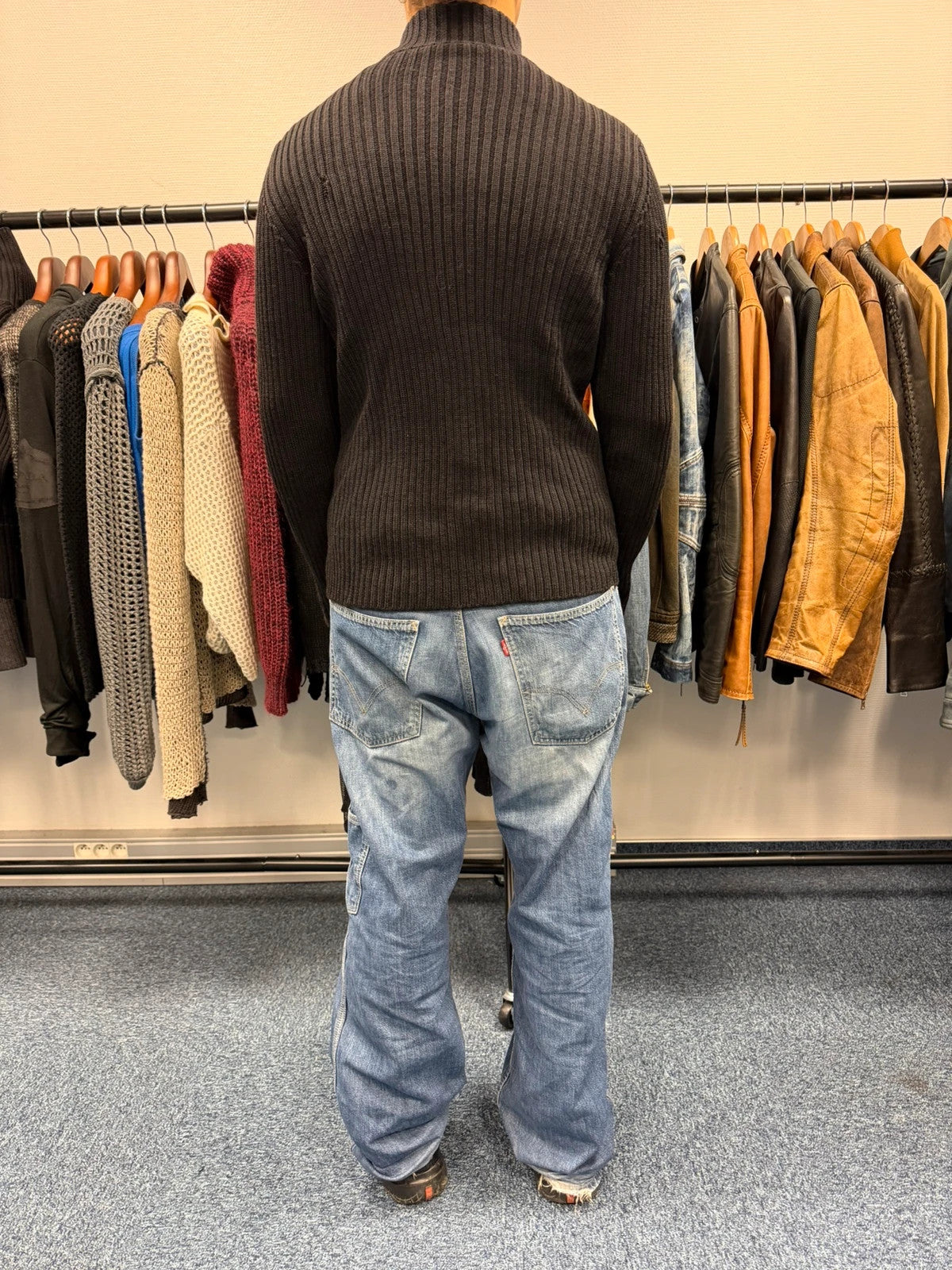 Prada Sport FW2003 Black Ribbed Wool Destroy Knit Zip-Up Sweater