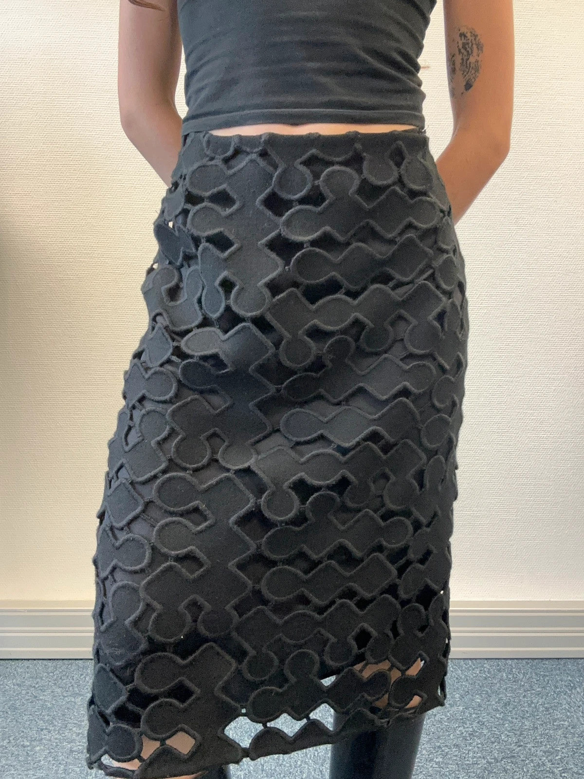 Miu Miu SS2008 Black Laser Cut Holes Wool Skirt