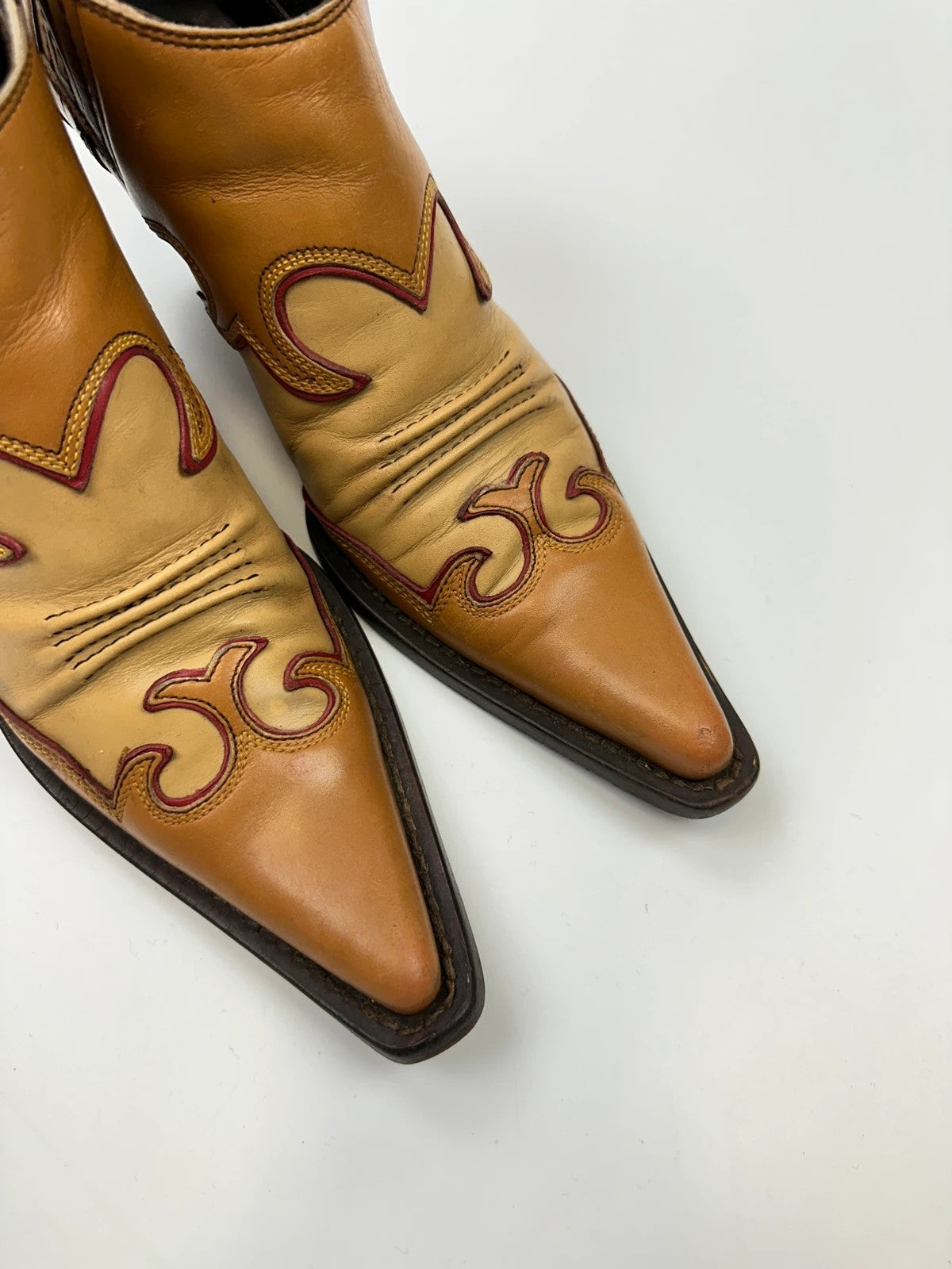 Miu Miu 00’s Cowboy Santiags Heels Ankle Boots Beige Brown Leather Pointy Toe