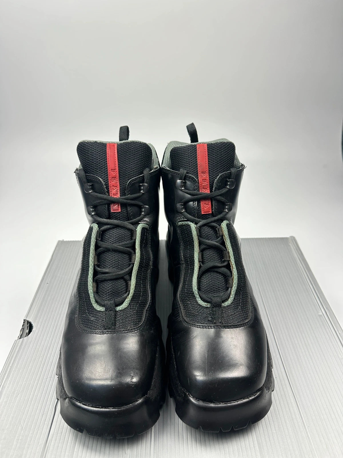 Prada Sport FW1999 Astro Boots Black Leather Hiking Chunky Vibram Sole