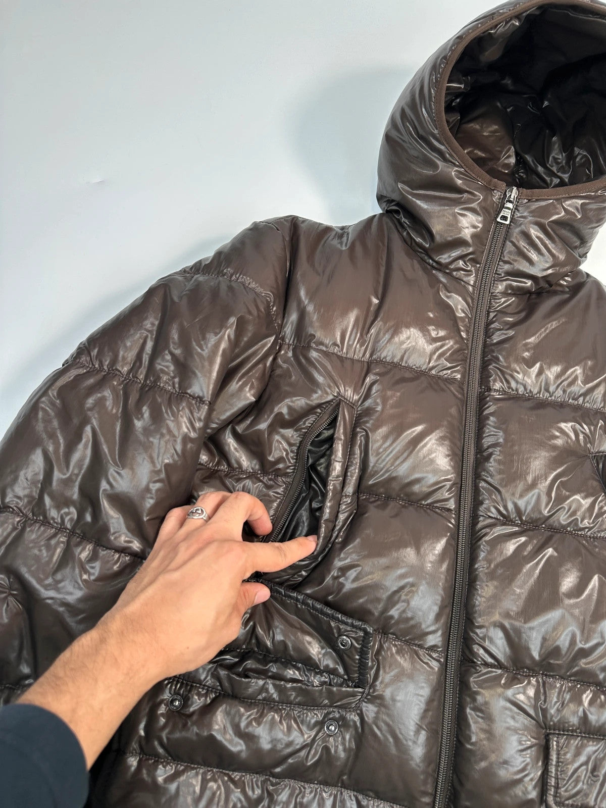 Prada Sport FW2009 Brown Shiny Patent Nylon Hooded Down Puffer Jacket