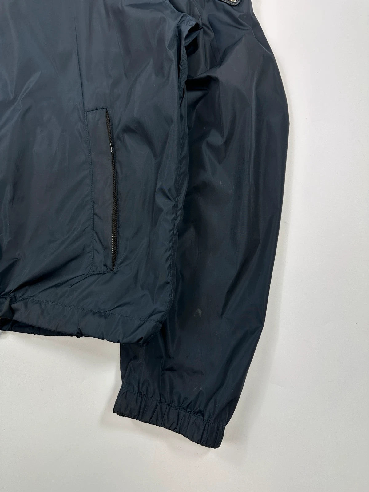 Prada Milano SS2013 Navy Blue Nylon WindBreaker Hooded Jacket Triangle Leather Elbow Patch