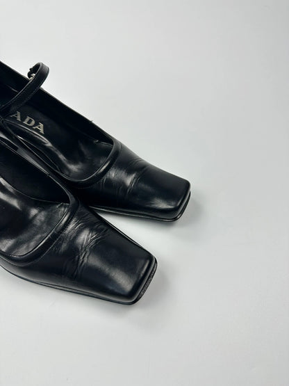Prada Milano SS1998 Black Leather Mirror Heels Pumps Mary Jane