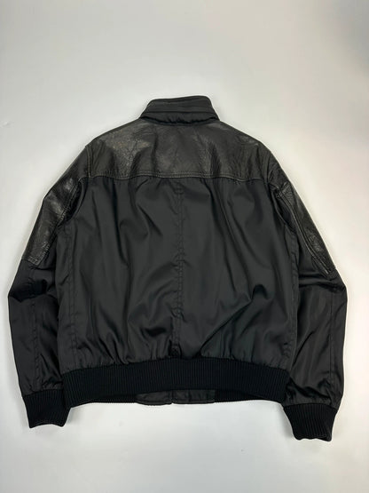 Prada Milano FW2009 Black Leather & Nylon Hidden Hood Bomber Jacket