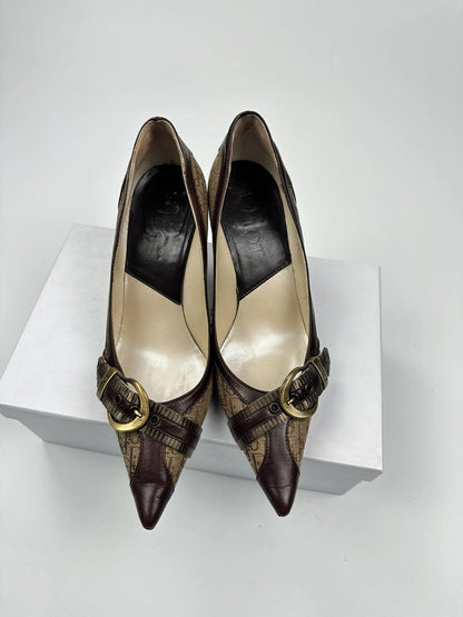 Vintage Dior Monogram Heels – Brown Leather with Gold Buckle