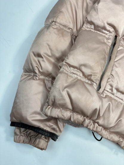 Prada Sport FW2003 Light Pink Shiny Patent Nylon Down Puffer Shearling Collar Jacket
