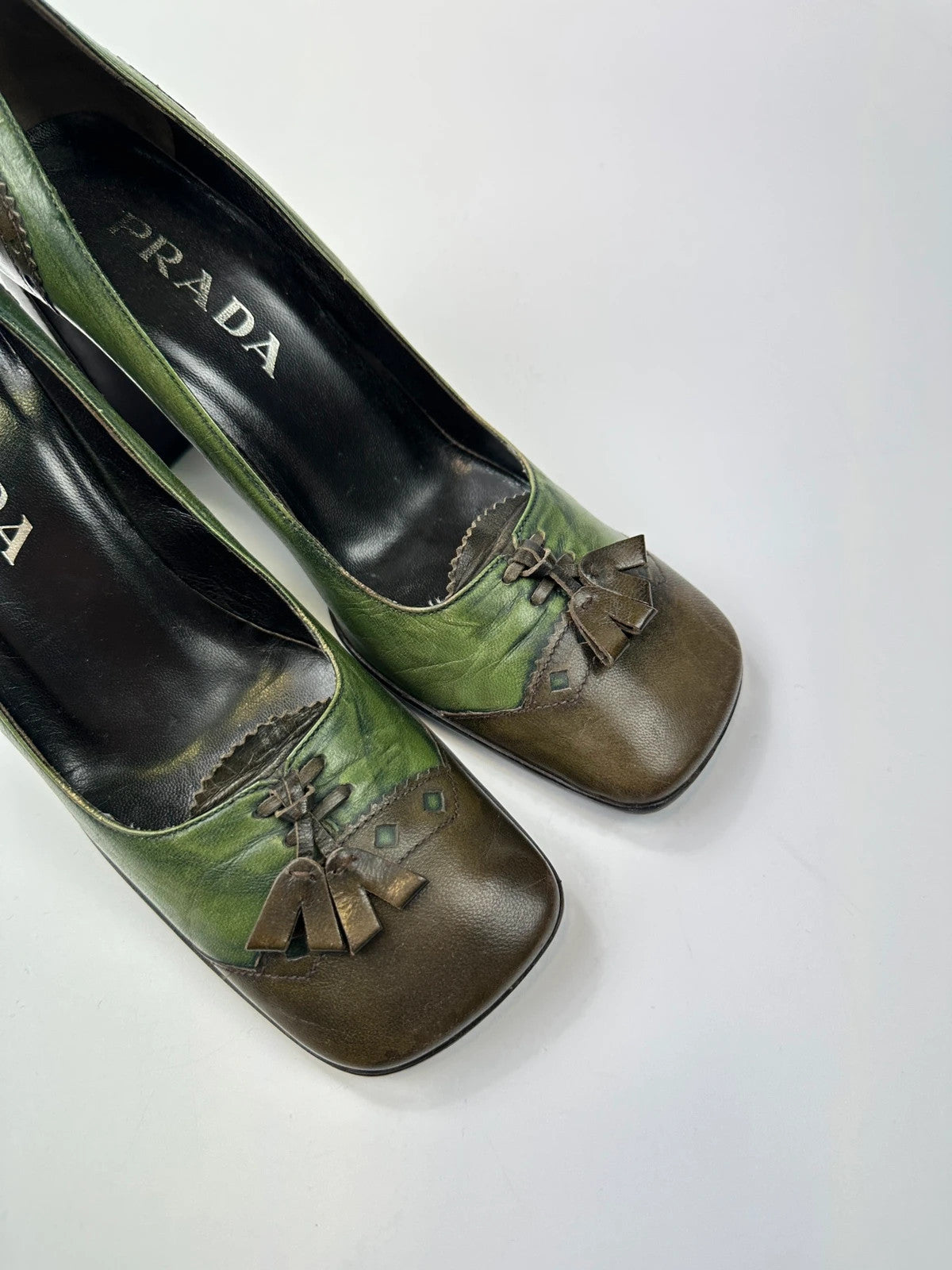 Prada Milano FW1999 Flower Two Tone Green & Brown High Block Heel Pumps