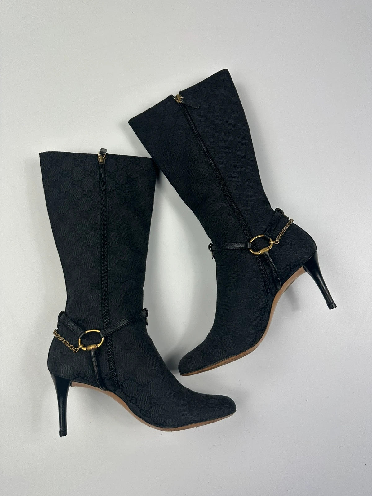 Gucci Black Monogramme High Boots Chains Gold