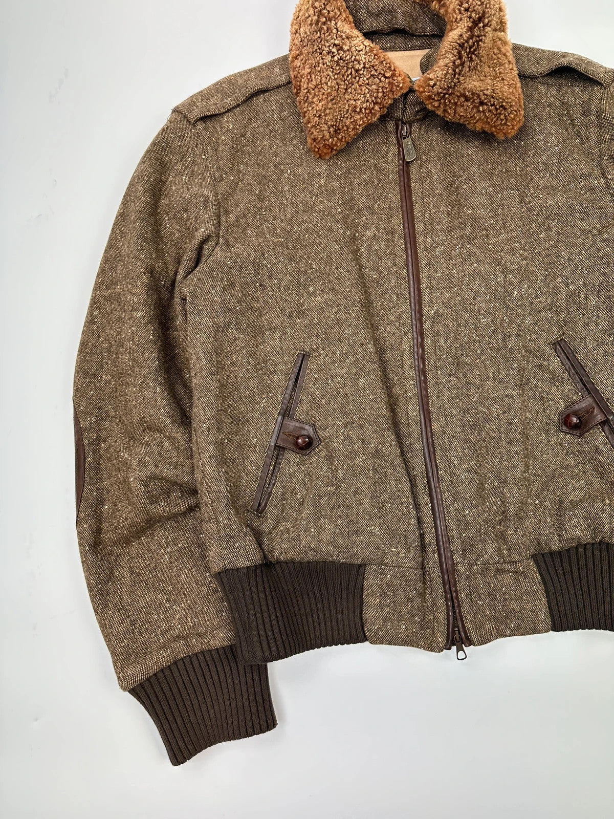 R.E.D Valentino Brown Wool Tweed Sheep Collar Bomber Jacket