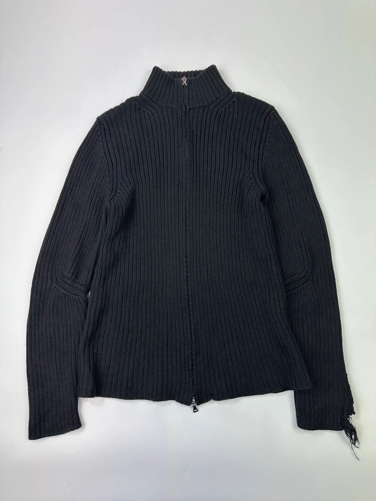 Prada Sport FW2003 Black Ribbed Wool Destroy Knit Zip-Up Sweater