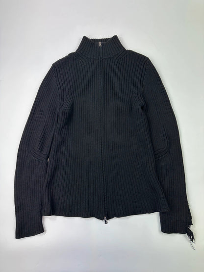 Prada Sport FW2003 Black Ribbed Wool Destroy Knit Zip-Up Sweater
