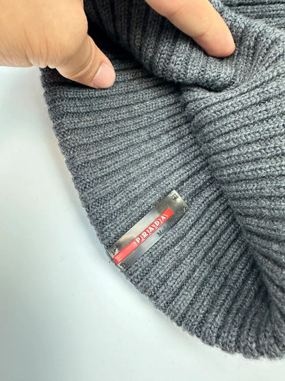 Prada Sport 00’s Grey Ribbed Wool Beanie RedTab