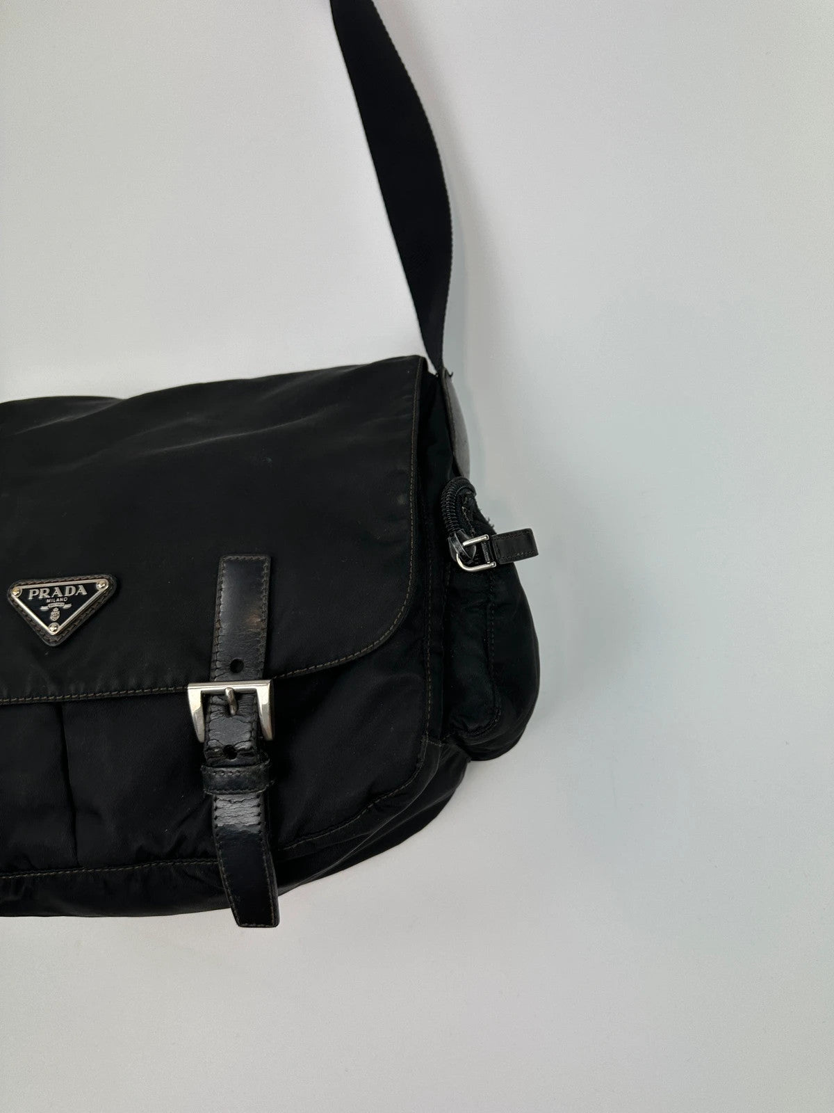 Prada Milano Black Nylon Messenger Cross Body Bag Side Zip Pockets