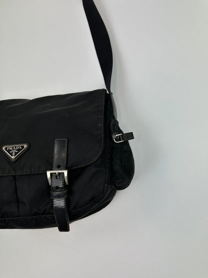 Prada Milano Black Nylon Messenger Cross Body Bag Side Zip Pockets