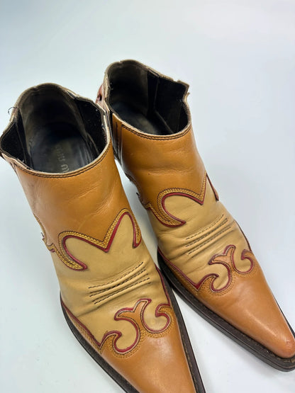 Miu Miu 00’s Cowboy Santiags Heels Ankle Boots Beige Brown Leather Pointy Toe