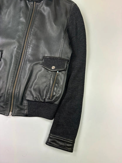 Dolce & Gabbana 00’s Black Hyrbrid Lamb Leather & Wool Sleeves Bomber Jacket