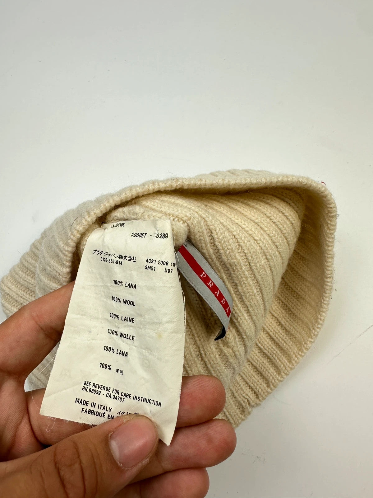 Prada Sport FW2006 Cream White Ribbed Wool Beanie RedTab
