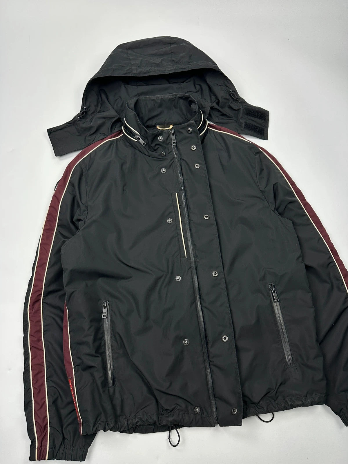 Prada Sport FW2018 Black & Burgundy Nylon Hooded Jacket