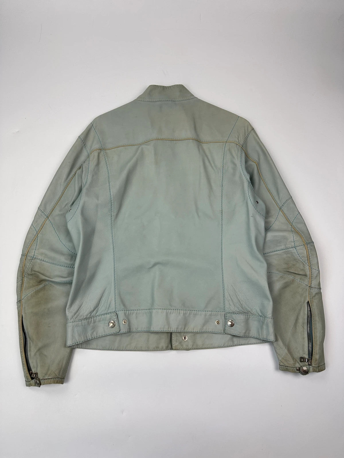 Prada Sport FW2000 Baby Blue Faded Biker Leather Jacket