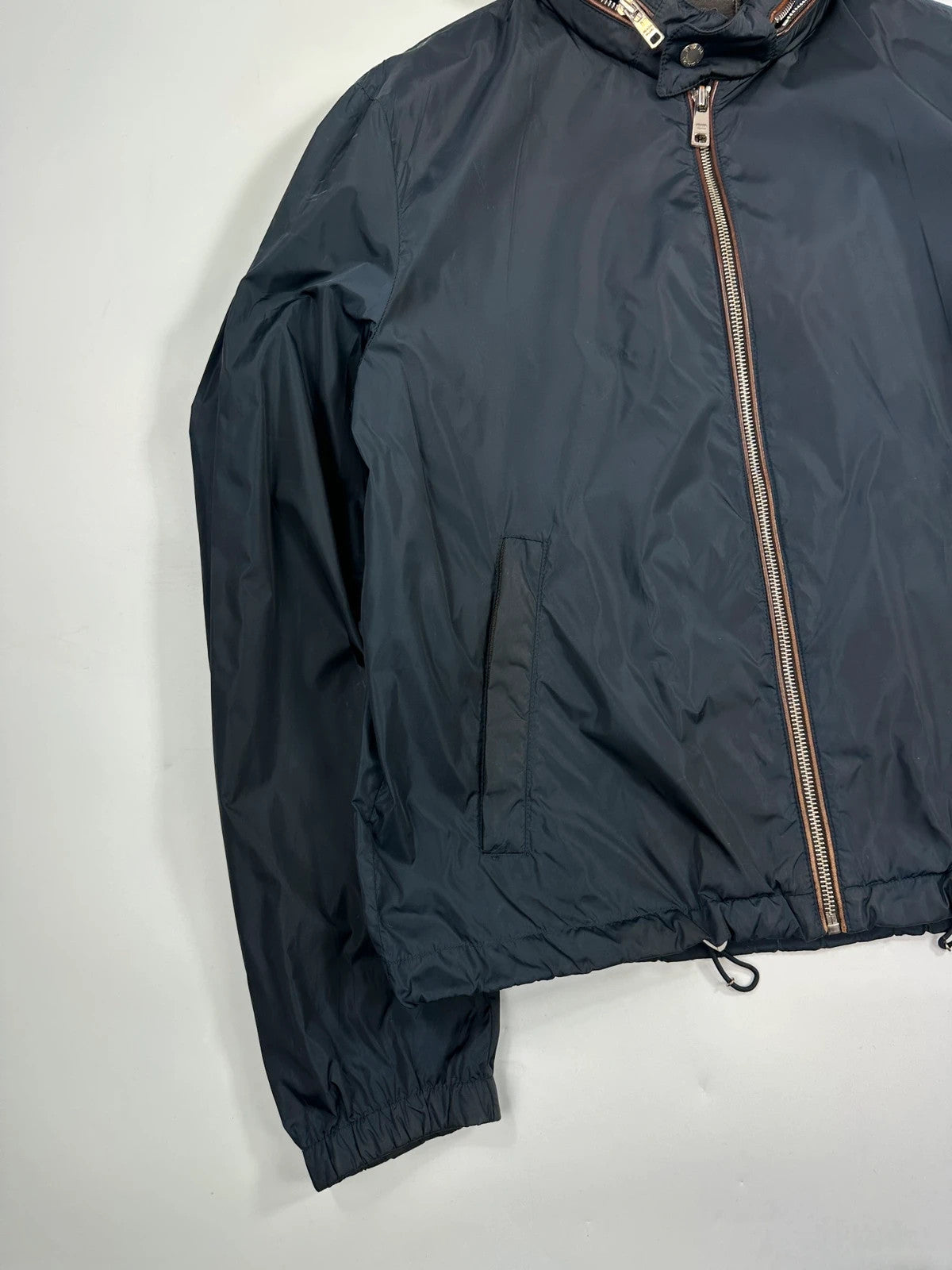 Prada Milano SS2013 Navy Blue Nylon WindBreaker Hooded Jacket Triangle Leather Elbow Patch