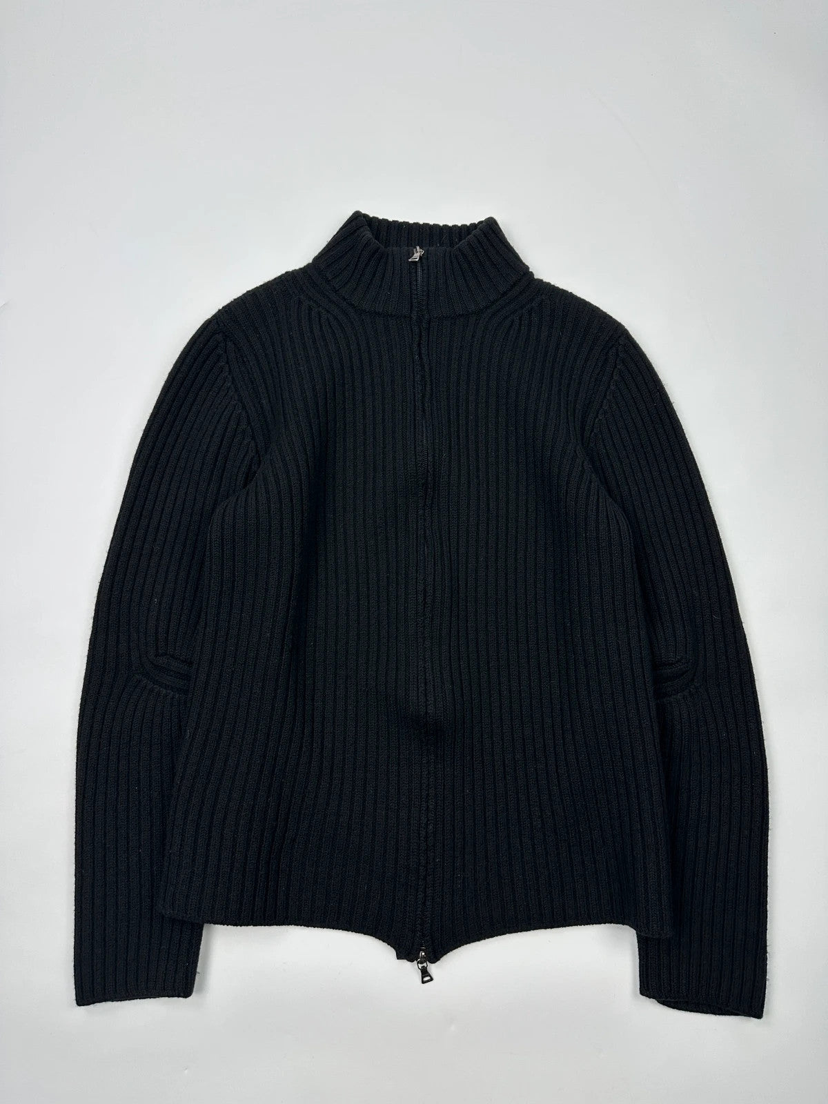 Prada Sport FW2003 Black Ribbed Wool Zip-Up Knit Sweater