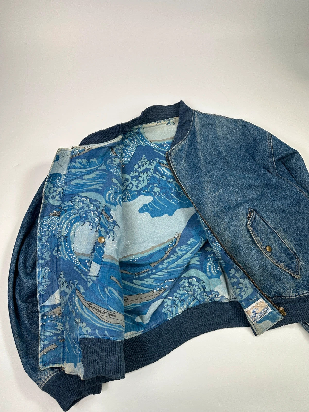 Kenzo Jeans Early 90’s Reversible Denim & Waves Pattern Bomber Jacket