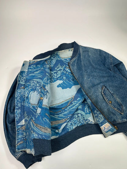 Kenzo Jeans Early 90’s Reversible Denim & Waves Pattern Bomber Jacket