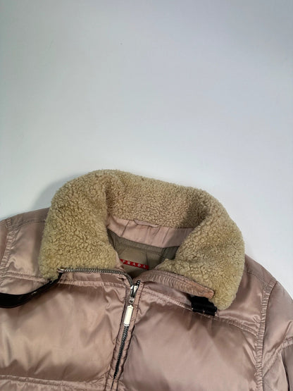 Prada Sport FW2003 Light Pink Shiny Patent Nylon Down Puffer Shearling Collar Jacket