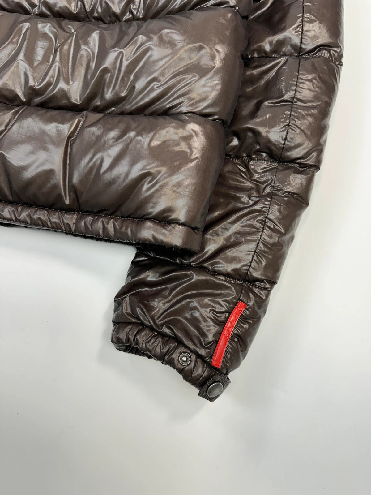 Prada Sport FW2009 Brown Shiny Patent Nylon Hooded Down Puffer Jacket